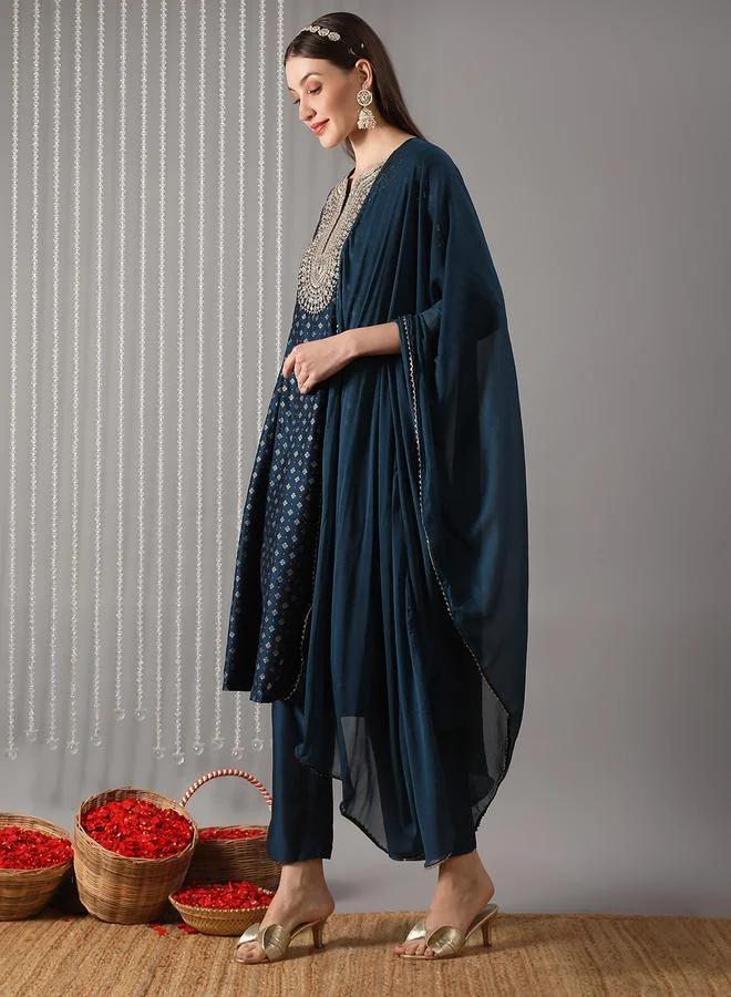 globus Women Navy Blue Embroidered Yoke Design Kurta with Pant and Dupatta Set